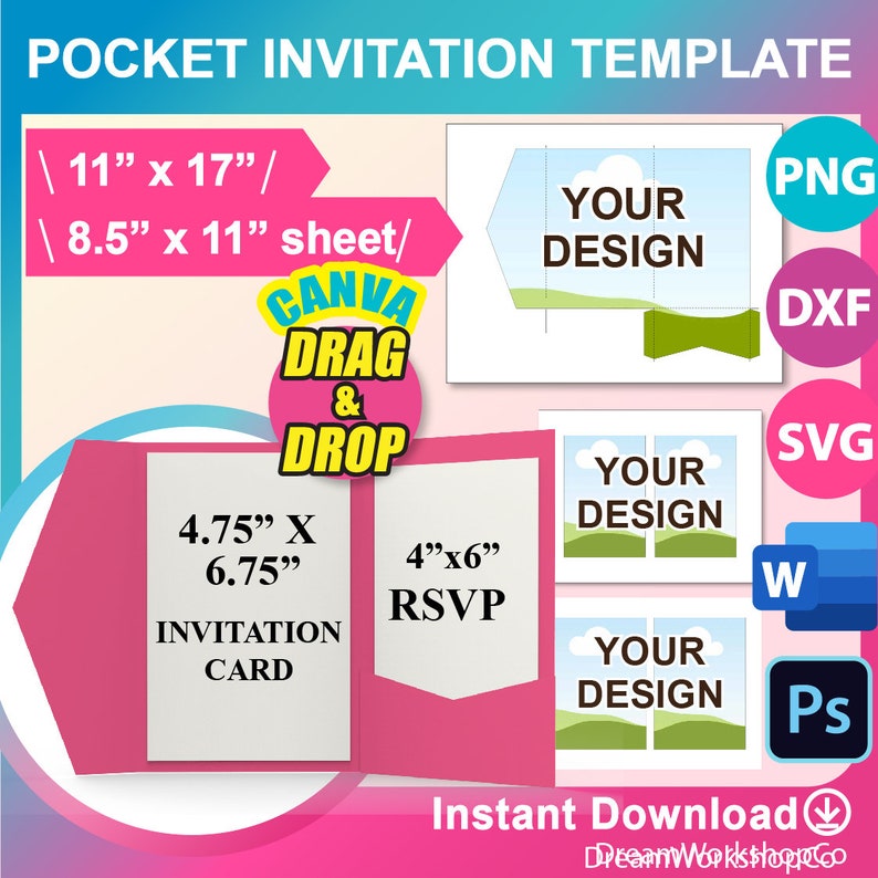 以下が含まれることがあります： 「POCKET INVITATION TEMPLATE」のテキストが入ったピンク色のポケット招待状テンプレート。 テンプレートには、12.07 cm x 17.15 cmの招待状と10.16 cm x 15.24 cmのRSVPカードが含まれています。 デザインには「CANVA DRAG & DROP」のテキストとさまざまなファイル形式のアイコンも表示されています。