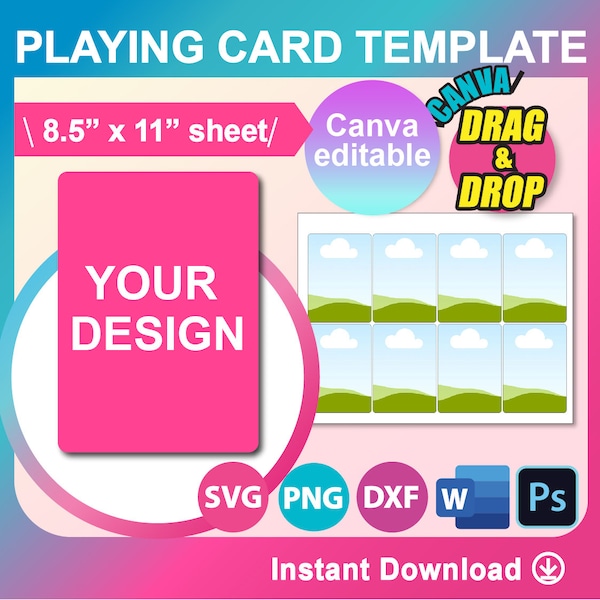 3.5 x 2.5 Playing Card Template, Affirmation card SVG, Canva, DXF, Ms Word docx, Png, Psd, 8.5"x11" sheet, Printable, Instant Download