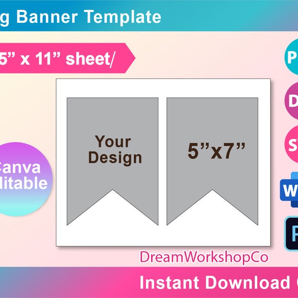 Bunting Banner Template, Banner Flag Template, Canva, Ms word, PSD, PNG, SVG, Dxf, 8.5x11" sheet, Printable, Instant Download