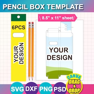 Puede incluir: Una plantilla de caja de lápices con el texto "PENCIL BOX TEMPLATE". El diseño incluye un portalápices amarillo con texto "6PCS" y "YOUR DESIGN", dos lápices y una plantilla de caja. El tamaño de la hoja es de 21,6 cm x 27,9 cm.