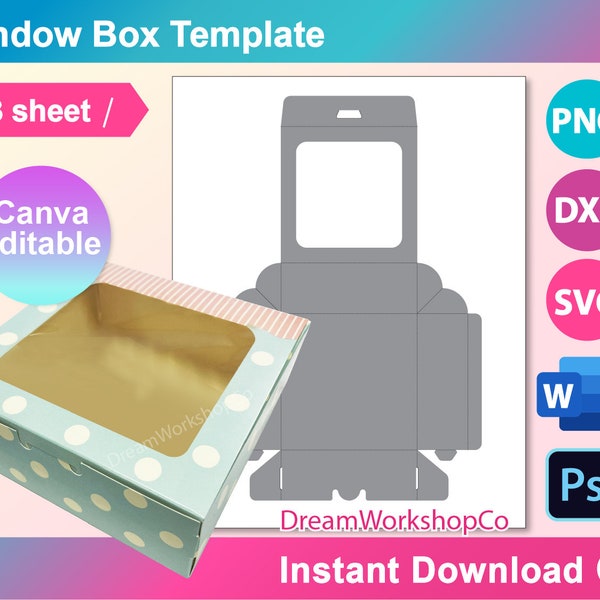 No-Glue Window Box Template, Cake Box, Bow Box Template, Cookie Box SVG, Bakery Box, DXF, Canva, Ms Word Docx, Png, Psd, A3 size sheet