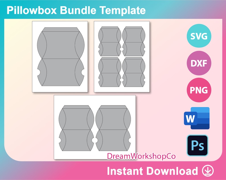 Instant Download Bundle Pillow Box 8.5x11 sheet Printable SVG PSD PNG Ms word Dxf Gift Box Template