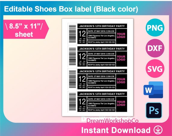 Editable Shoe Box Label Template, Ms Word Docx, Printable,