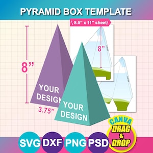 Op de afbeelding: Een digitale piramidevormige doos-sjabloon met paarse en turquoise driehoekige vormen met de tekst YOUR DESIGN. De afbeelding toont afmetingen van 20,32 cm bij 9,53 cm, een vel van 21,59 cm bij 27,94 cm en de bestandsformaten SVG, DXF, PNG en PSD.