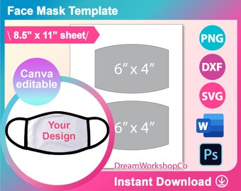 Face Mask Template (M-size), Medium Face Mask Template, Sublimation, Canva, Ms word, PSD, PNG, SVG, Dxf, 8.5x11 sheet, Printable