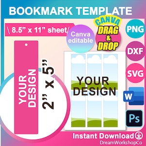 2&quot; x 5&quot; Bookmark Template, SVG, DXF, Canva, Ms Word Docx, Png, PSD, 8.5&quot;x11&quot; sheet, Printable