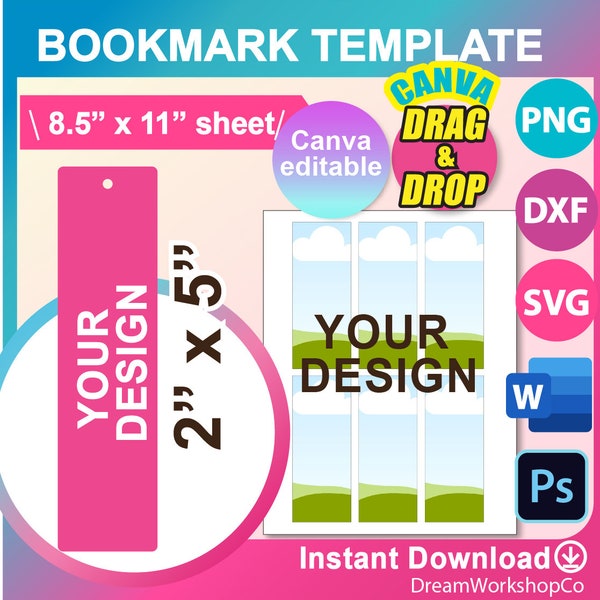 2" x 5" Bookmark Template, SVG, DXF, Canva, Ms Word Docx, Png, PSD, 8.5"x11" sheet, Printable