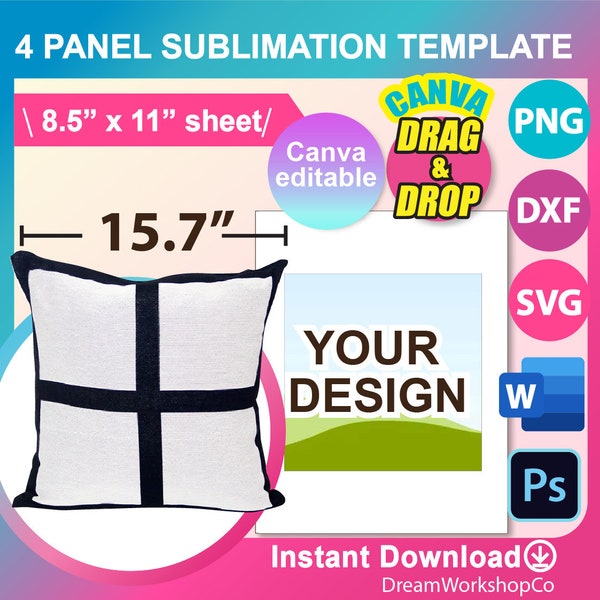 Pillow Sublimation Template, Sublimation Template,  SVG, DXF, Canva, Ms Word Docx, Png, Psd, 8.5"x11" sheet, Printable