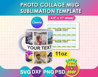 Könnte beinhalten: Eine weiße Keramik-Tasse mit einem Fotocollage-Design, das mehrere Bilder und den Text "YOUR TEXT" zeigt. Die Tasse hat ein Fassungsvermögen von 312 ml und enthält eine Vorlage für ein A4-Blatt. Das Design ist Canva-kompatibel.