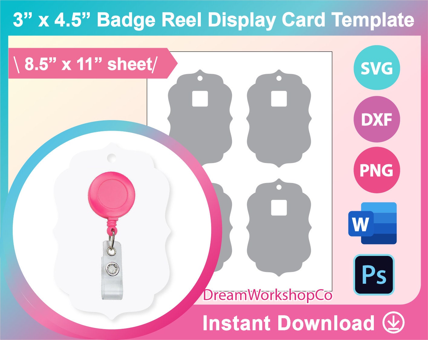 3x4.5 Scalloped Badge Reel Display Card, Badge Reel Card Template, SVG,  DXF, Ms Word Docx, Png, Psd, 8.5x11 Sheet, Printable 