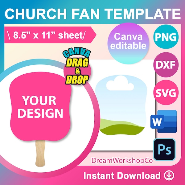 Church fan, Paddle Fan Template, Canva, PSD, SVG, DXF, Ms Word Docx, Png, 8.5"x11" sheet, Printable, Instant Download