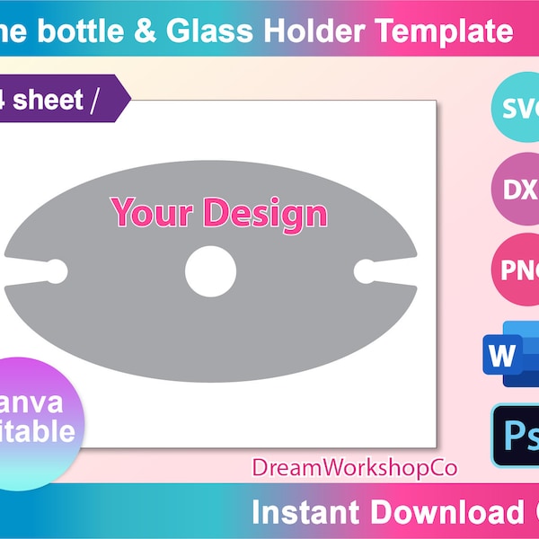 Wine Caddy template, Wine bottle Glass holder Template, Sublimation Template, Canva,  Ms word, PSD, PNG, SVG, Dxf, A4 sheet, Printable