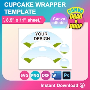 Modello di incarto per cupcake, Canva, SVG, DXF, Ms Word Docx, Png, Psd, foglio 8,5&quot;x11&quot;, stampabile