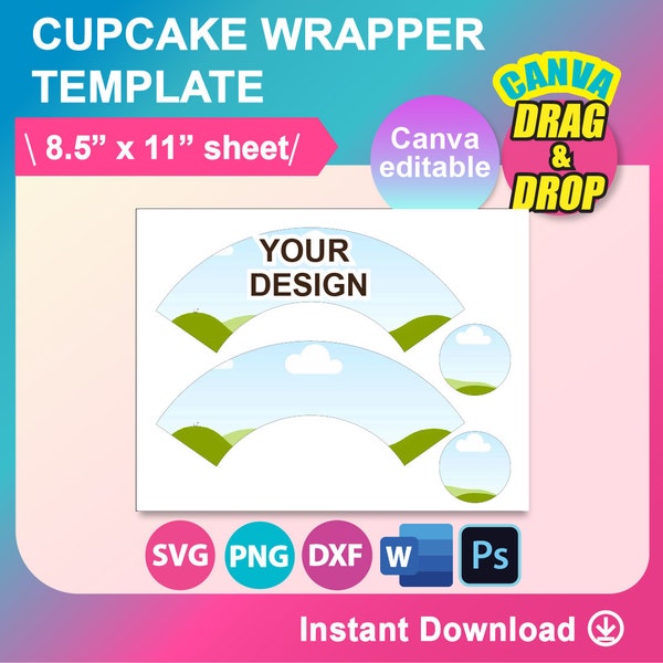 Cupcake Wrapper Template, Canva, SVG, DXF, Ms Word Docx, Png, Psd, 8.5"x11" sheet, Printable