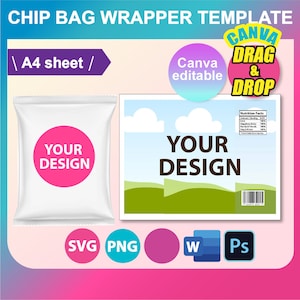 以下が含まれることがあります： 白い背景と緑、青、白の風景のデザインを施したチップバッグのラッパーのテンプレートです。テキスト「YOUR DESIGN」は白地に黒で書かれています。テキスト「CANVA DRAG & DROP」はピンク、青、白で書かれています。テキスト「Canva editable」は白地に黒で書かれています。テキスト「A4 sheet」は白地に黒で書かれています。テキスト「SVG PNG W Ps」は白地に黒で書かれています。