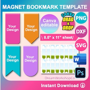 Magnetic Bookmark Template, Bookmark Template SVG, Canva, DXF, Ms Word Docx, Png, PSD, 8.5&quot;x11&quot; sheet, Printable
