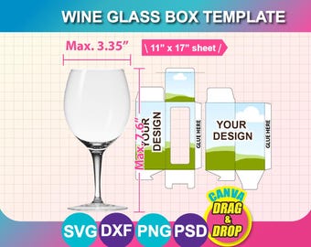May include: A wine glass box template with dimensions labeled. The design includes a wine glass graphic, a box layout with "YOUR DESIGN" areas, and the text "WINE GLASS BOX TEMPLATE". The box dimensions are Max. 3.35" wide and Max. 7.6" high, designed for an 11" x 17" sheet.