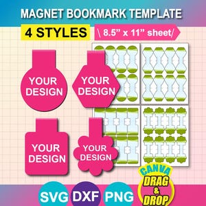 Könnte beinhalten: Eine Vorlage für Magnet-Lesezeichen mit vier verschiedenen Stilen. Das Design umfasst rosa Formen mit dem Text "YOUR DESIGN" und grün-weiße Muster. Der Text "MAGNET BOOKMARK TEMPLATE" und "4 STYLES" sind ebenfalls vorhanden.
