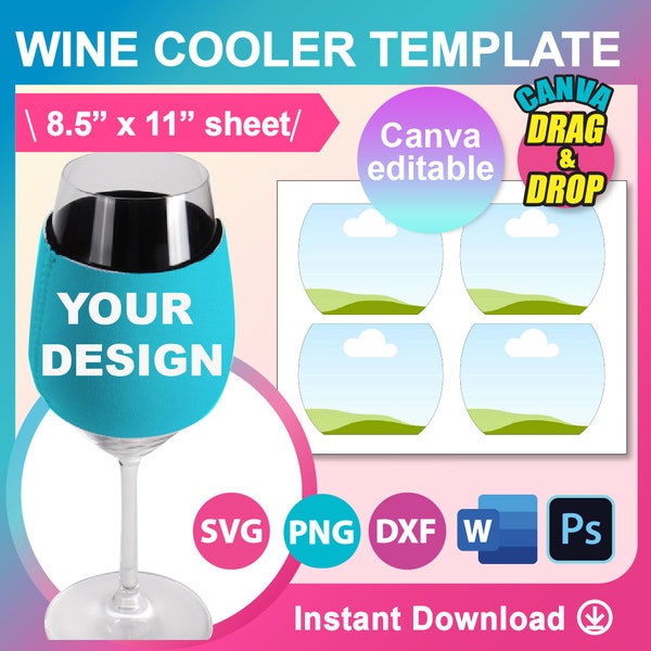 Wine Glass Cooler Template, Wine Glass Cooler Sublimation Template, SVG, Canva, DXF, DOCX, Png, Psd, 8.5"x11" sheet