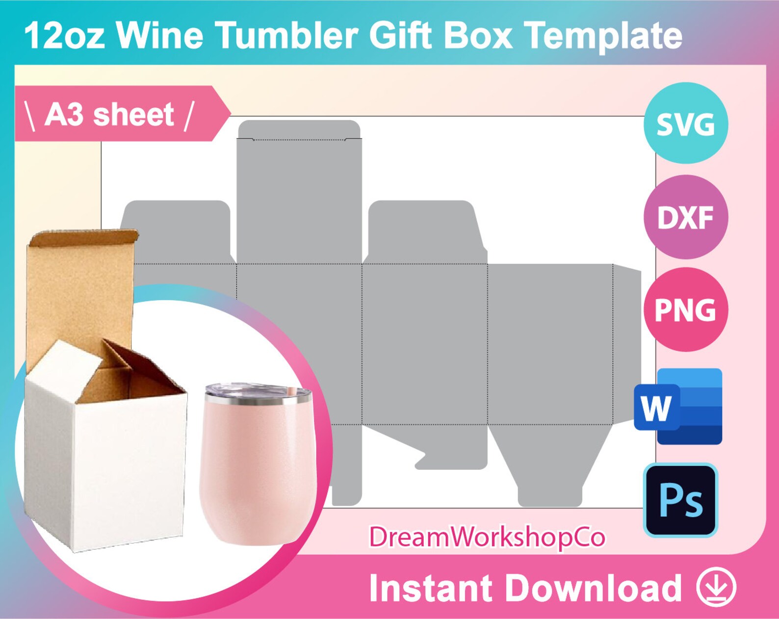 12oz Wine Tumbler Box Template Gift Box Template SVG DXF Etsy
