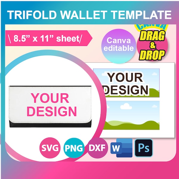 Tri-fold Wallet Template, Sublimation Template,  Bifold wallet Sublimation, SVG, DXF, Canva, Ms Word Docx, Png, Psd, 8.5"x11" sheet