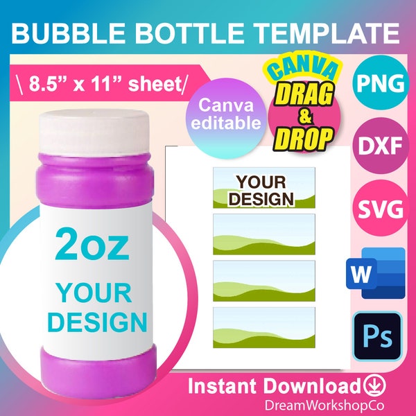 2oz Bubble Bottle label Template, SVG, DXF, Canva, Ms word Docx, Png, PSD, 8.5"x11" sheet, Printable