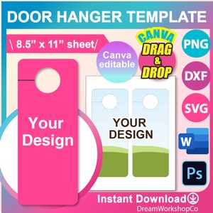 Door Hanger Template, Door Hanger Svg, Canva, Ms word, PSD, PNG, SVG, Dxf, 8.5x11&quot; sheet, Printable