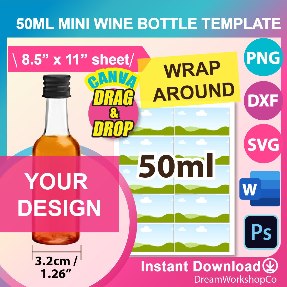 Wrap Around 1.7oz, 50ml Mini Wine bottle Label Template, 50ml wrapper little liquor bottle Labels, SVG, Canva, DXF, Ms Word Docx, Png, PSD