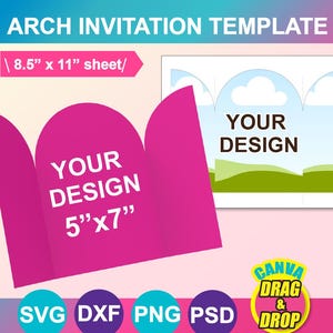 Modello di invito pieghevole ad arco, modello di invito ad arco da 5"x7", modello di invito di nozze con busta, Canva, PSD, SVG, DXF