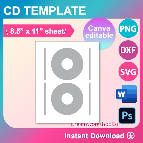 CD Label Template, Canva, Ms word, PSD, Png, SVG, Dxf, 8.5x11" sheet, Printable, Instant Download