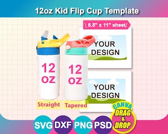 12oz Flip Top Kids Water Bottle Template: Sublimation, Canva, SVG, Dxf, PSD, PNG