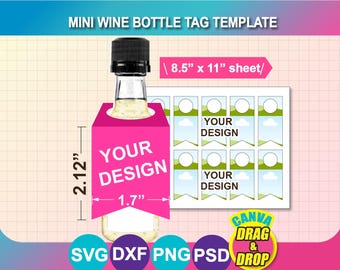 Mini Wine Bottle Tag Template, Customizable Design, SVG DXF Files (8.5x11 Sheet)