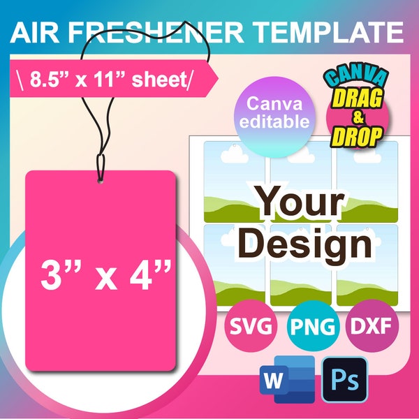 3" x 4" Car Air Freshener, Blank Air Freshener Template, Sublimation, Canva, SVG, DXF, Ms Word Docx, Png, Psd, 8.5"x11" sheet, Printable