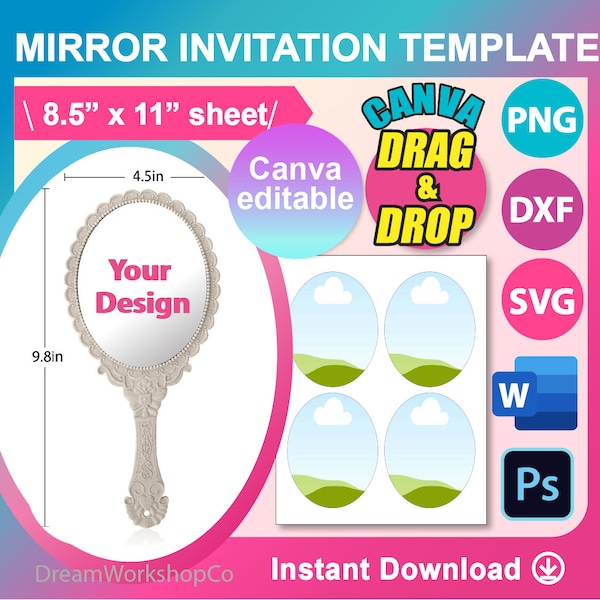 Mirror Invitation template, postcard, SVG, DXF, Canva, Ms Word docx, Png, Psd, 8.5"x11" sheet, Printable, Instant Download