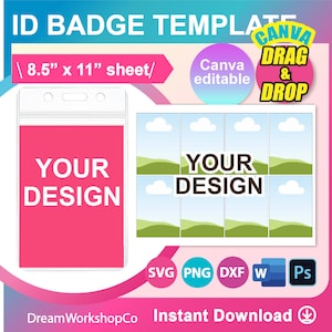 Badgehouder invoegsjabloon, ID-badgesjabloon Svg, Pass-sjabloon, DXF, Ms Word Docx, Png, Psd, vel 8,5 x 11 inch, afdrukbaar