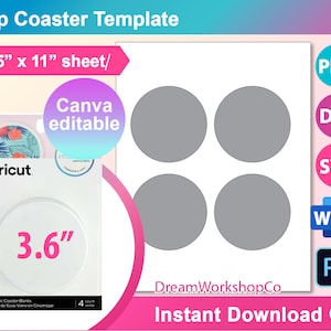 May include: A digital template for creating four 3.6 inch cup coasters. The template is designed for use with Canva and includes a sheet size of 8.5 inches by 11 inches. The template is available for download in PNG, DXF, SVG, Word, and Photoshop formats.