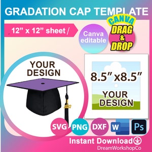 Graduation Cap Template: 8.5&quot; x 8.5&quot;, Canva, SVG, PNG, PSD (Digital Download)