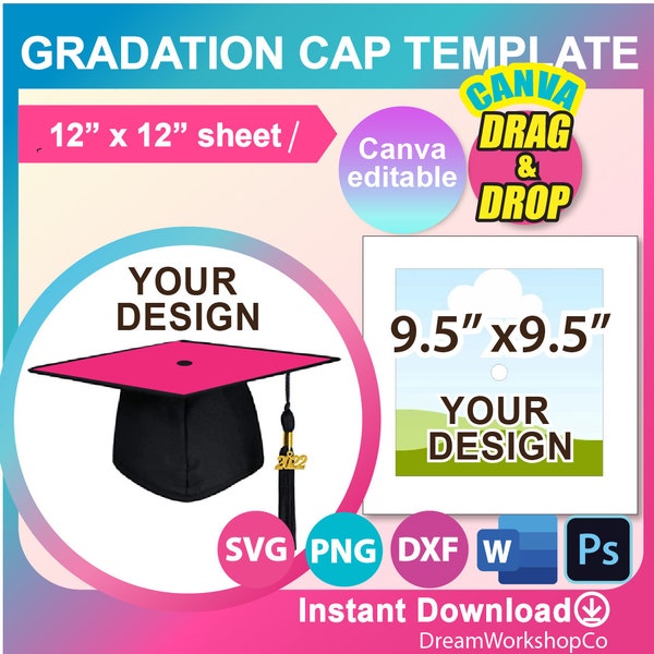 9.5 x 9.5 Graduation Cap Template, Graduation Stole Template, Canva, PSD, SVG, DXF, Png, Ms word, 12 x 12