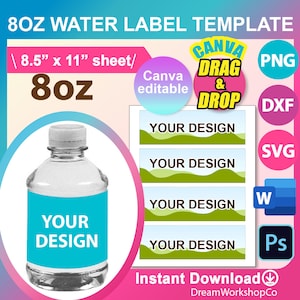 8oz Water Bottle label, Mini water bottle labels, Water bottle Labels, SVG, Canva, DXF, Ms Word Docx, Png, PSD, 8.5&quot;x11&quot; sheet, Printable
