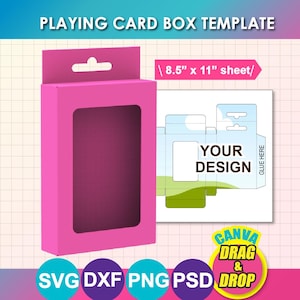 Puede incluir: Una plantilla de caja de cartas rosa con una ventana rectangular y una pestaña para colgar. El diseño incluye una plantilla plana y desplegada con el texto "YOUR DESIGN" y las dimensiones "8.5" x 11" sheet" (21,6 x 27,9 cm). También aparece el texto "CANVA DRAG & DROP".