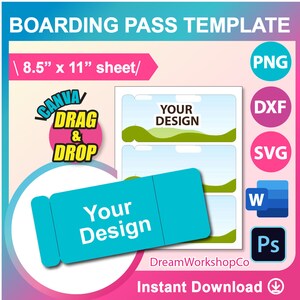 Boarding Pass Template, Invitation Card Template, Canva, Ms word, PSD, PNG, SVG, Dxf, 8.5x11" sheet, Printable, Instant Download