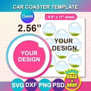 Car Cup Coaster Template: SVG, PNG, Canva, MS Word (8.5"x11" Sheet) (Digital Download)
