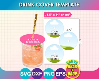 Circle Drink Cover Template, Drink Topper template, Cover your drink, Canva, SVG, DXF, Png, EPS, 8.5"x11" sheet, Printable