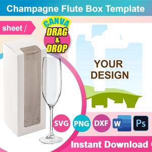 Champagner Flöte Box, Weinglas Box Vorlage, Frau Wort, Canva, PSD, PNG, SVG, Dxf, A3 Blatt, Printable, Instant Download