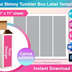 20oz Skinny Tumbler Box Label Template, Gift Box Template,  SVG, Canva, DXF, Ms Word Docx, Png, Psd, 8.5 x  11", Printable