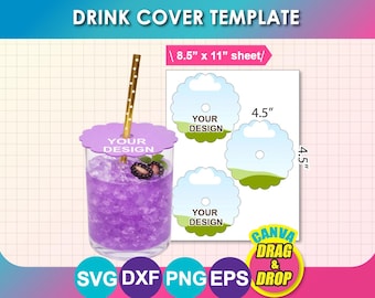 Scalloped Drink Cover Template, Drink Topper template, Canva, SVG, DXF, Png, EPS, 8.5"x11" sheet, Printable