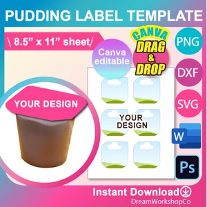Pudding Top label Template, SVG, Pudding Label SVG, Dxf, Canva, Ms Word Docx, Png, PSD, 8.5"x11" sheet, Printable