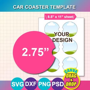 2.75" Car Cup Coaster Template, Car Coaster template SVG, DXF, Canva, Ms Word Docx, Png, Psd, Sublimation 8.5"x11" sheet, Printable