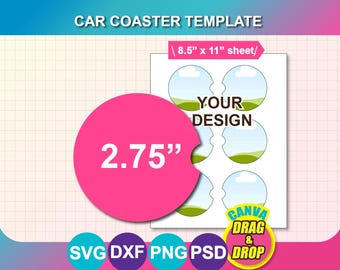 Modèle de sous-verre de tasse de voiture 2,75", modèle de sous-verre de voiture SVG, DXF, Canva, Mme Word Docx, Png, Psd, feuille de sublimation 8,5 "x 11", imprimable