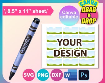 Crayón, plantilla de envoltura de pluma de color de cera, plantilla de etiqueta de pluma de color de cera, Canva, Ms word, PSD, PNG, SVG, Dxf, hoja de 8,5" x 11", imprimible